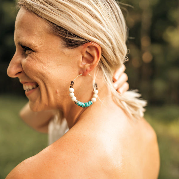 Mexican Turquoise + White Wood Chunky Hoop Earrings