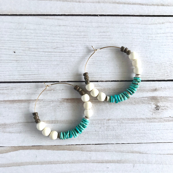 Mexican Turquoise + White Wood Chunky Hoop Earrings