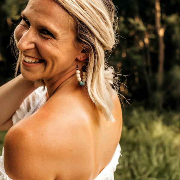 Mexican Turquoise + White Wood Chunky Hoop Earrings