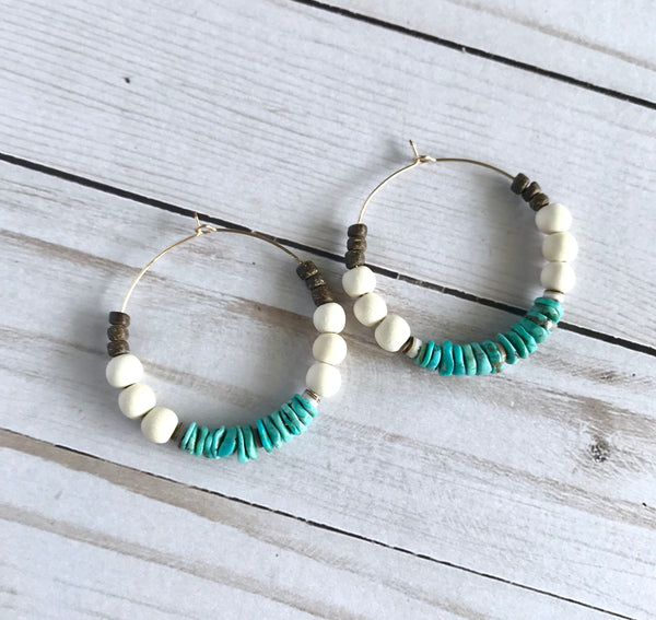 Mexican Turquoise + White Wood Chunky Hoop Earrings