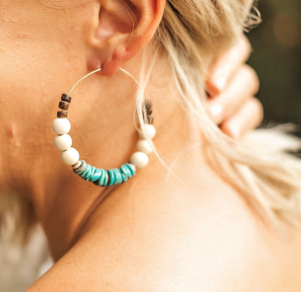 Mexican Turquoise + White Wood Chunky Hoop Earrings