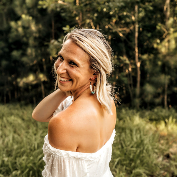 Mexican Turquoise + White Wood Chunky Hoop Earrings