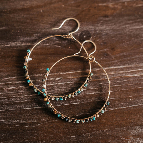 Turquoise Seed Bead Wire-wrapped Hoops