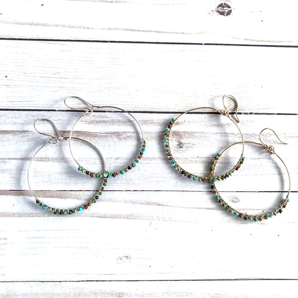 Turquoise Seed Bead Wire-wrapped Hoops