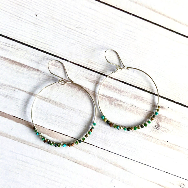 Turquoise Seed Bead Wire-wrapped Hoops