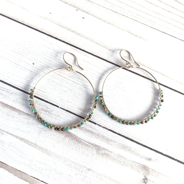 Turquoise Seed Bead Wire-wrapped Hoops