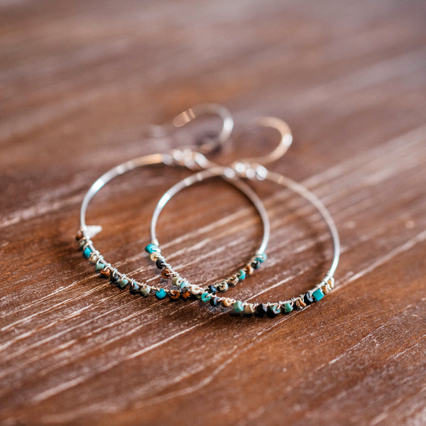 Turquoise Seed Bead Wire-wrapped Hoops