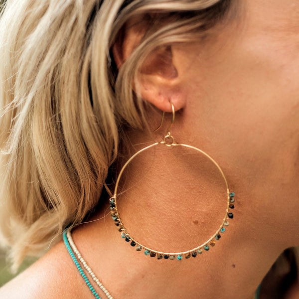 Turquoise Seed Bead Wire-wrapped Hoops