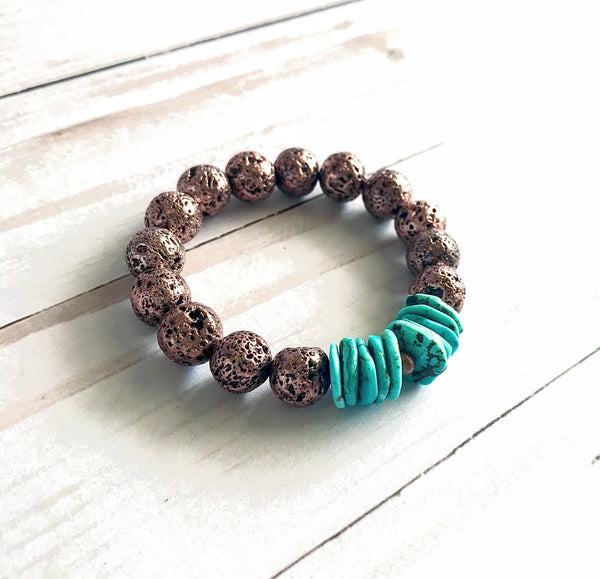 Mexican Turquoise + Copper Lava Bead Unisex Bracelet