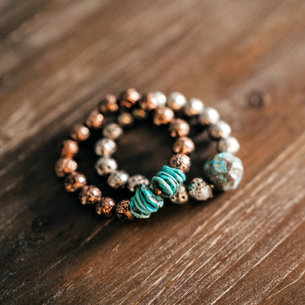 Mexican Turquoise + Copper Lava Bead Unisex Bracelet