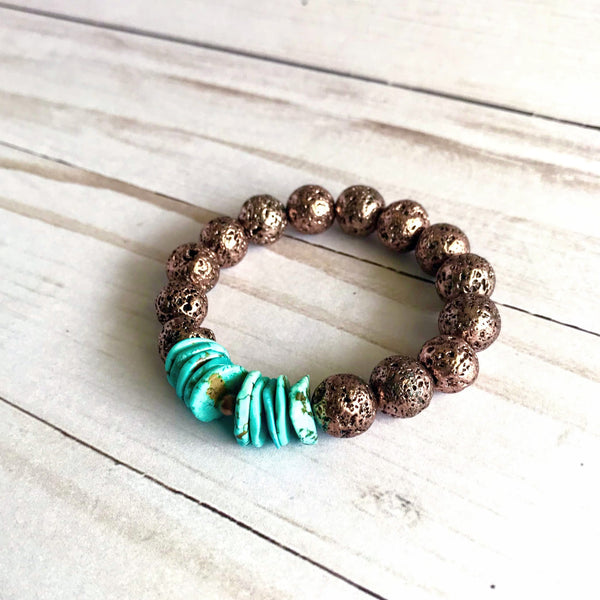 Mexican Turquoise + Copper Lava Bead Unisex Bracelet
