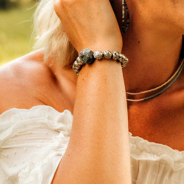 Blue Ocean Jasper + Silver Lava Bead Unisex Bracelet