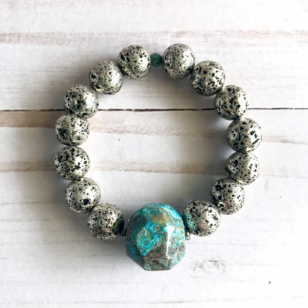 Blue Ocean Jasper + Silver Lava Bead Unisex Bracelet