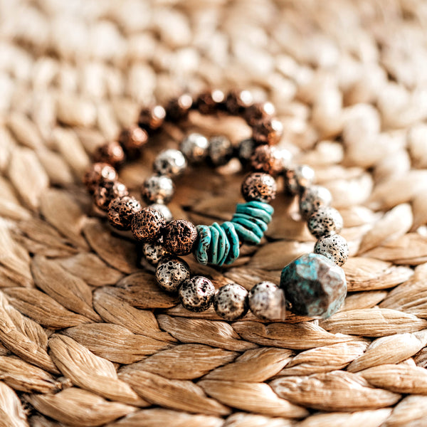 Blue Ocean Jasper + Silver Lava Bead Unisex Bracelet