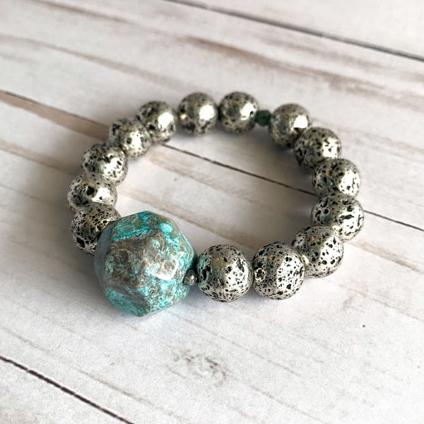 Blue Ocean Jasper + Silver Lava Bead Unisex Bracelet