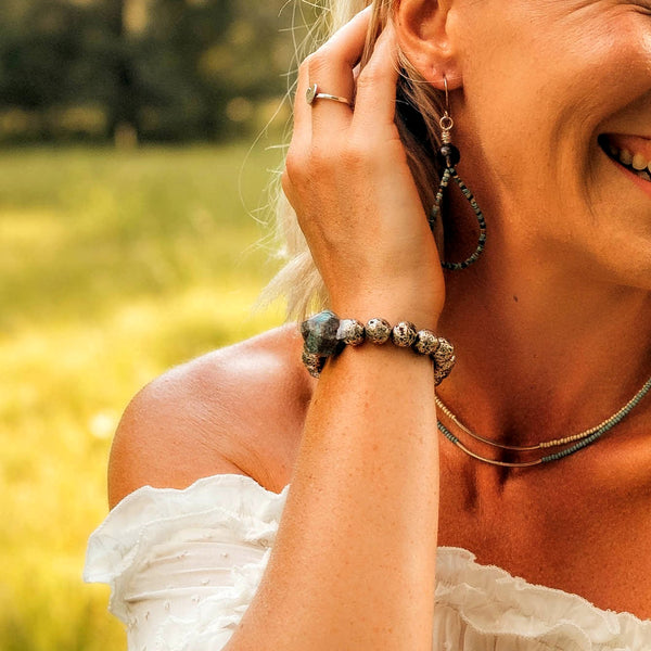 Blue Ocean Jasper + Silver Lava Bead Unisex Bracelet