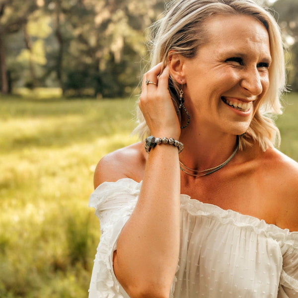 Blue Ocean Jasper + Silver Lava Bead Unisex Bracelet