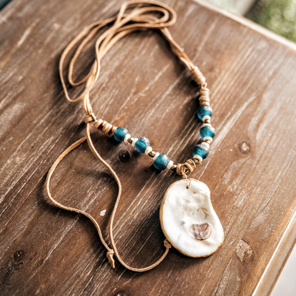 Oyster + Recycled Glass Beads + Leather Necklace
