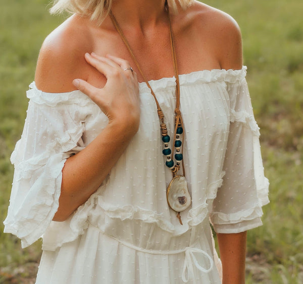 Oyster + Recycled Glass Beads + Leather Necklace
