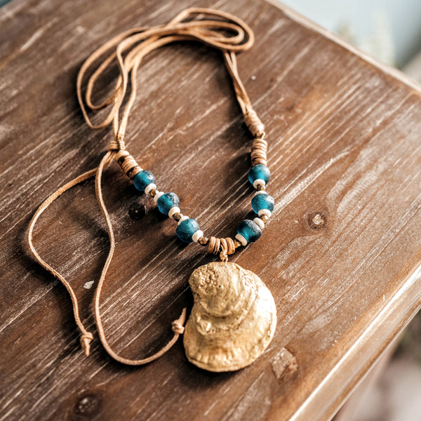 Oyster + Recycled Glass Beads + Leather Necklace