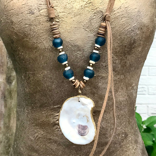Oyster + Recycled Glass Beads + Leather Necklace