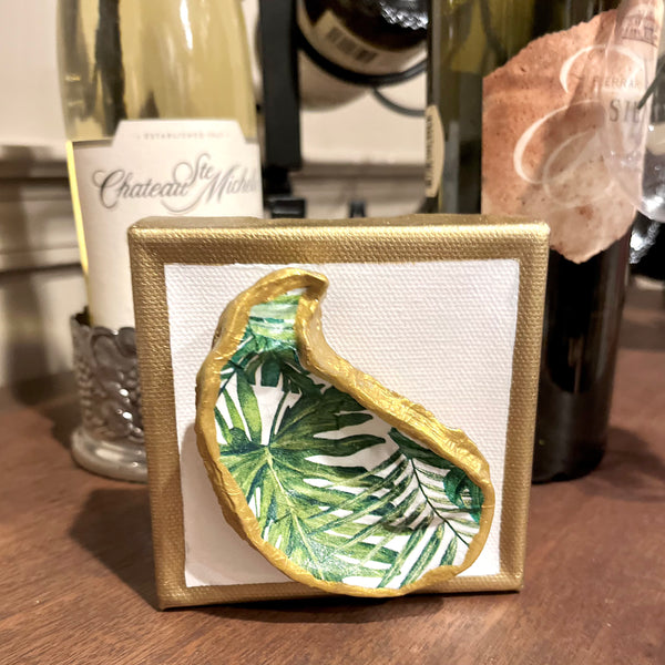 Patterned Oyster on White, Gold-trimmed Canvas