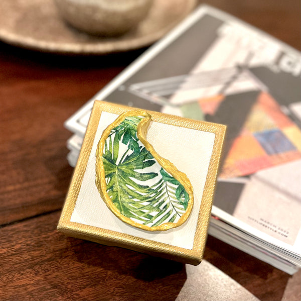 Patterned Oyster on White, Gold-trimmed Canvas
