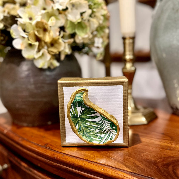 Patterned Oyster on White, Gold-trimmed Canvas
