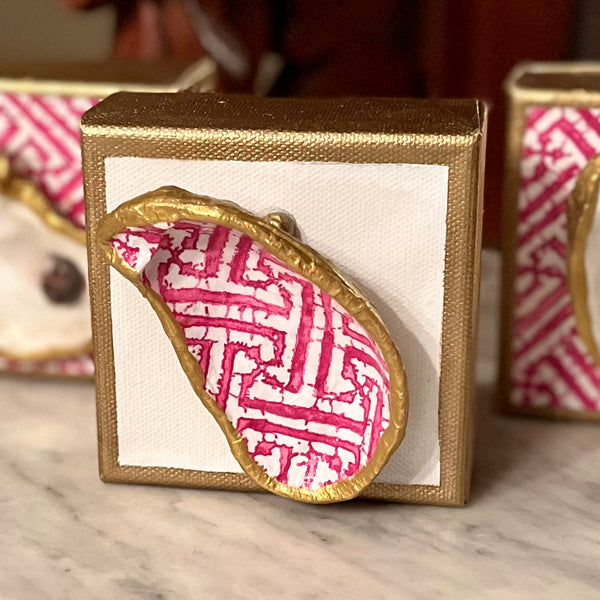 Patterned Oyster on White, Gold-trimmed Canvas