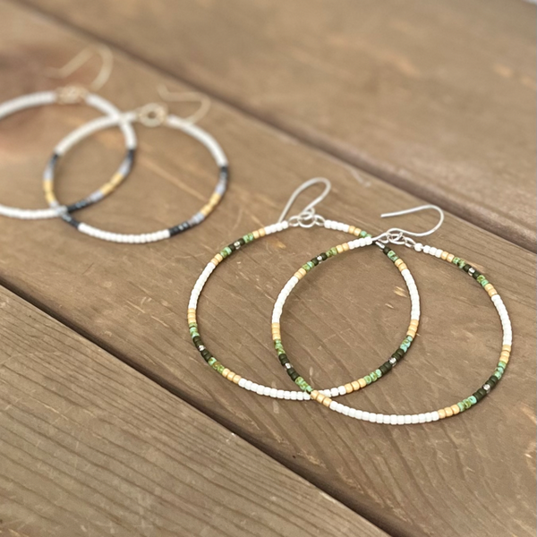 Beaded Hoop Earrings-Classic Blues or Subtle Greens-14k Gold-Filled or Sterling Silver-Pick Your Size