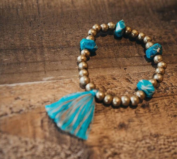 Turquoise & Gold Tassel Bracelet