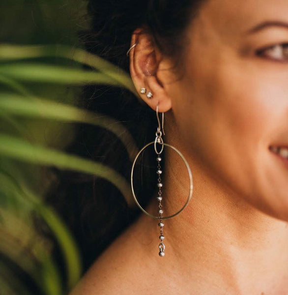 Simple Hoop Earrings with Gemstone Chain
