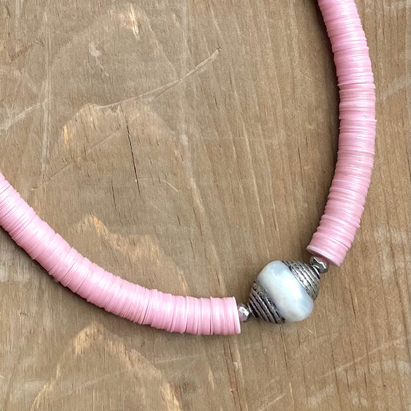 Pink African Vinyl Beads + Handmade Tibetan Pearl Necklace