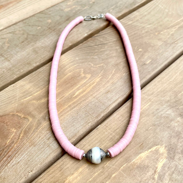 Pink African Vinyl Beads + Handmade Tibetan Pearl Necklace