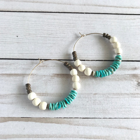 Mexican Turquoise + White Wood Chunky Hoop Earrings