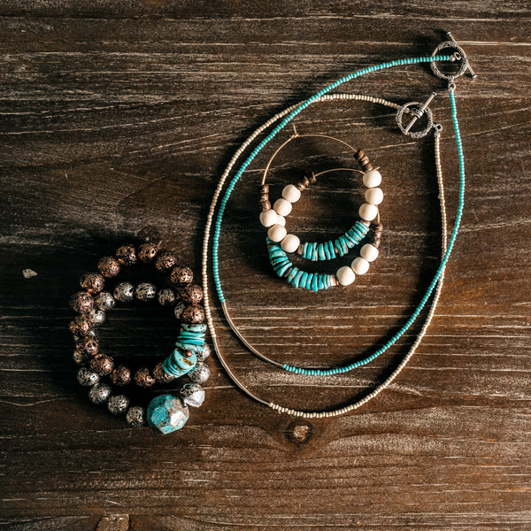 Mexican Turquoise + White Wood Chunky Hoop Earrings