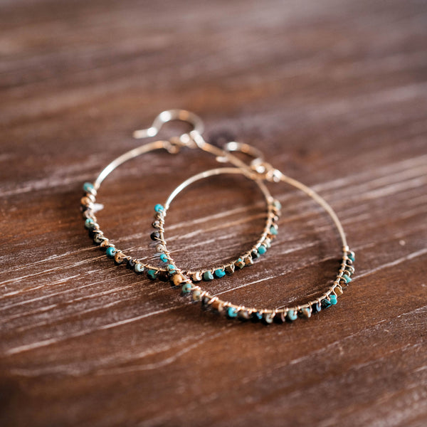 Turquoise Seed Bead Wire-wrapped Hoops