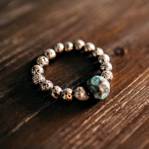 Blue Ocean Jasper + Silver Lava Bead Unisex Bracelet