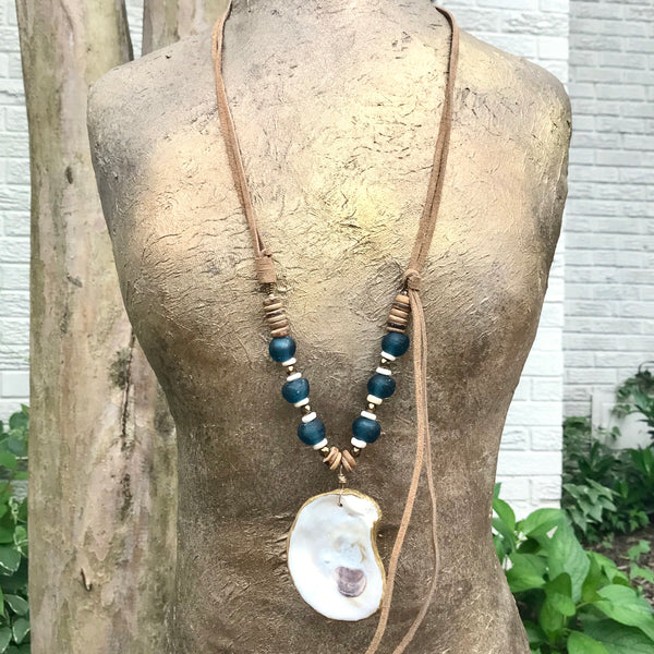 Oyster + Recycled Glass Beads + Leather Necklace