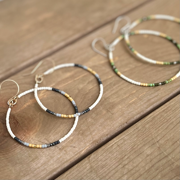 Beaded Hoop Earrings-Classic Blues or Subtle Greens-14k Gold-Filled or Sterling Silver-Pick Your Size