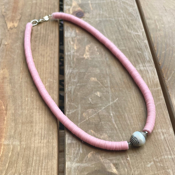 Pink African Vinyl Beads + Handmade Tibetan Pearl Necklace